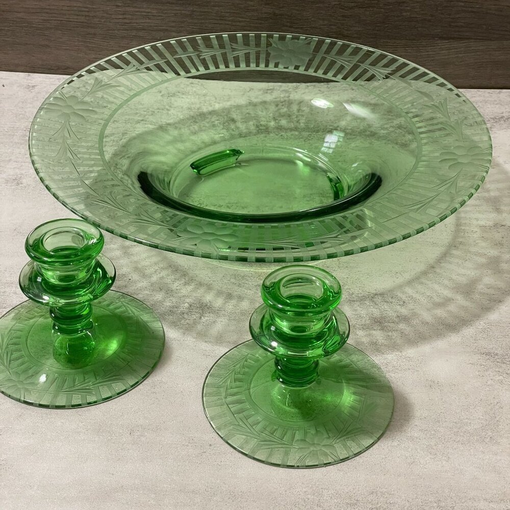 Vintage Green Depression Glass Flower Stripe Etch Console Bowl Candlesticks 3pc